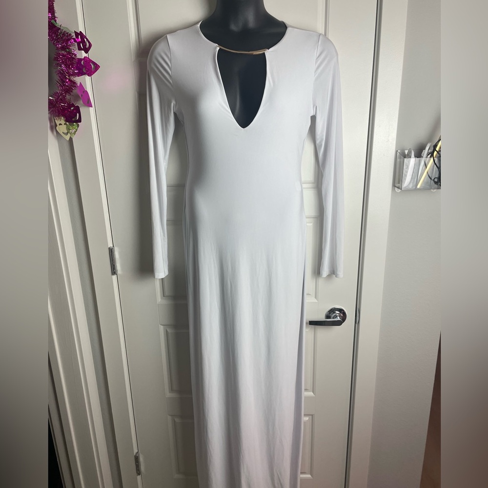 Fashion Nova White Long Sleeve Maxi Dress XL Deep V Slit Stretch